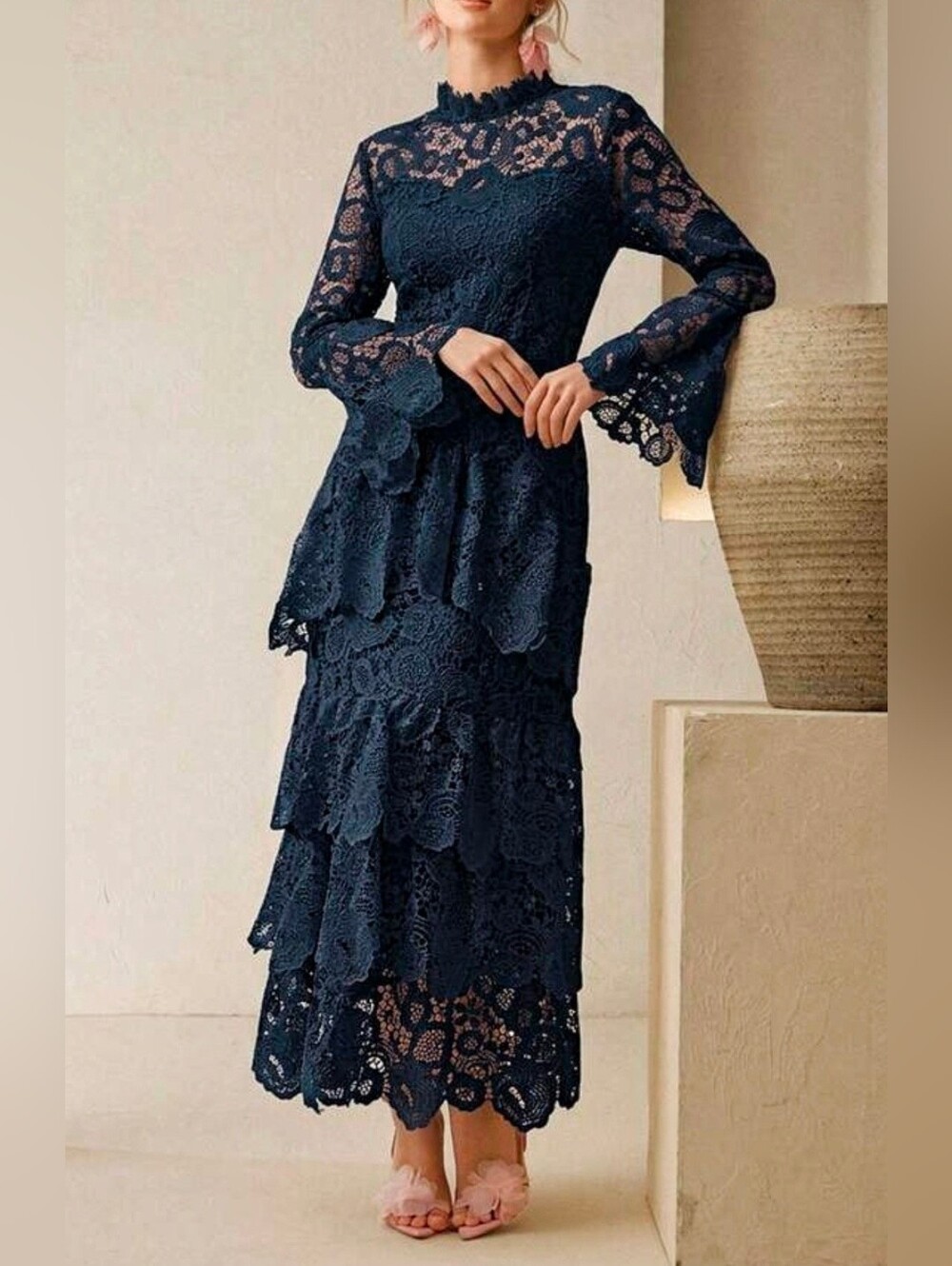 New Luxe Embroidered Sheer Floral Tiered Ruffle Maxi Dress Navy Blue - Picture 2 of 9